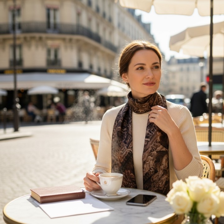 Khăn lụa vuông Song long chầu nhật nâu gỗ 100*100 cm